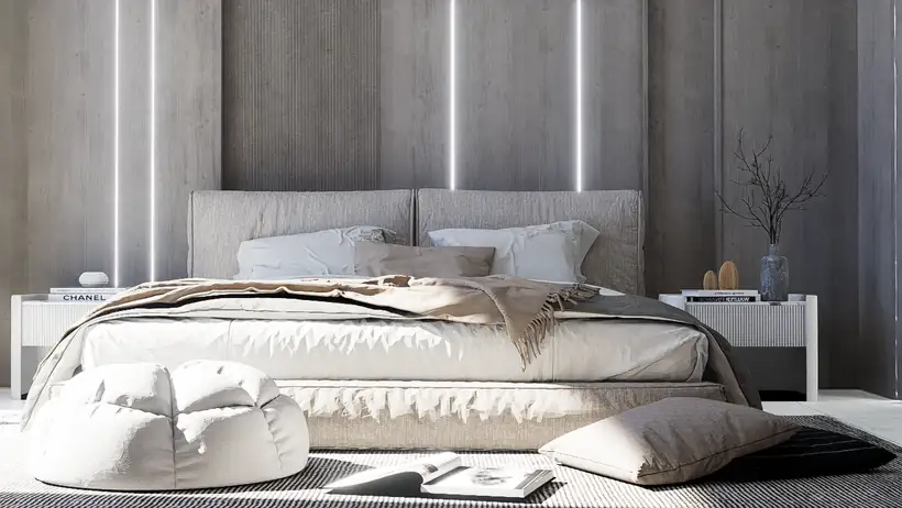 Chambre avec tête de lit tapissée