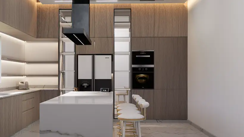 Cuisine équipée avec îlot central