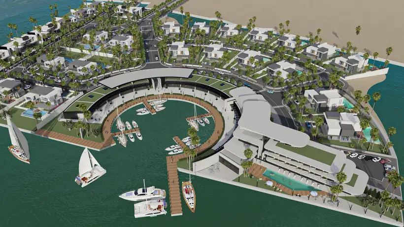 Le quartier vu du ciel, avec la ville en arrière-plan
