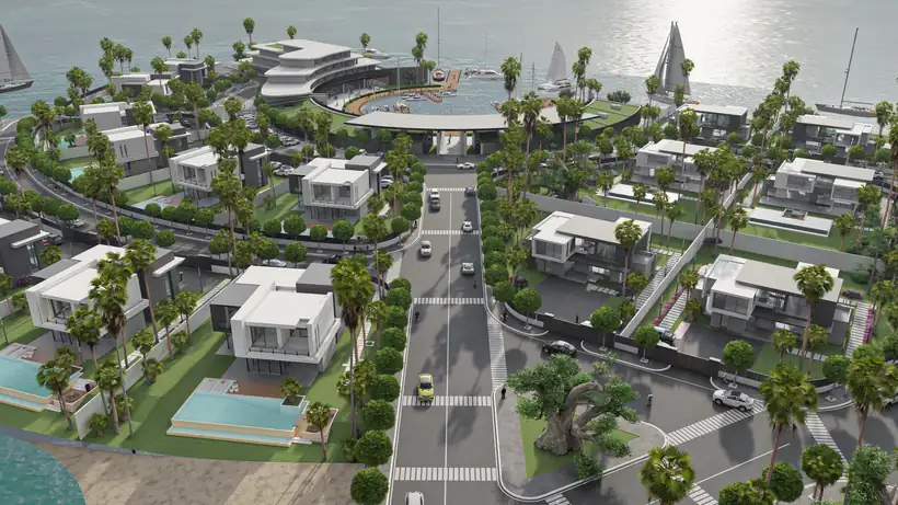 Villas et piscines vues du ciel, plage en arrière-plan