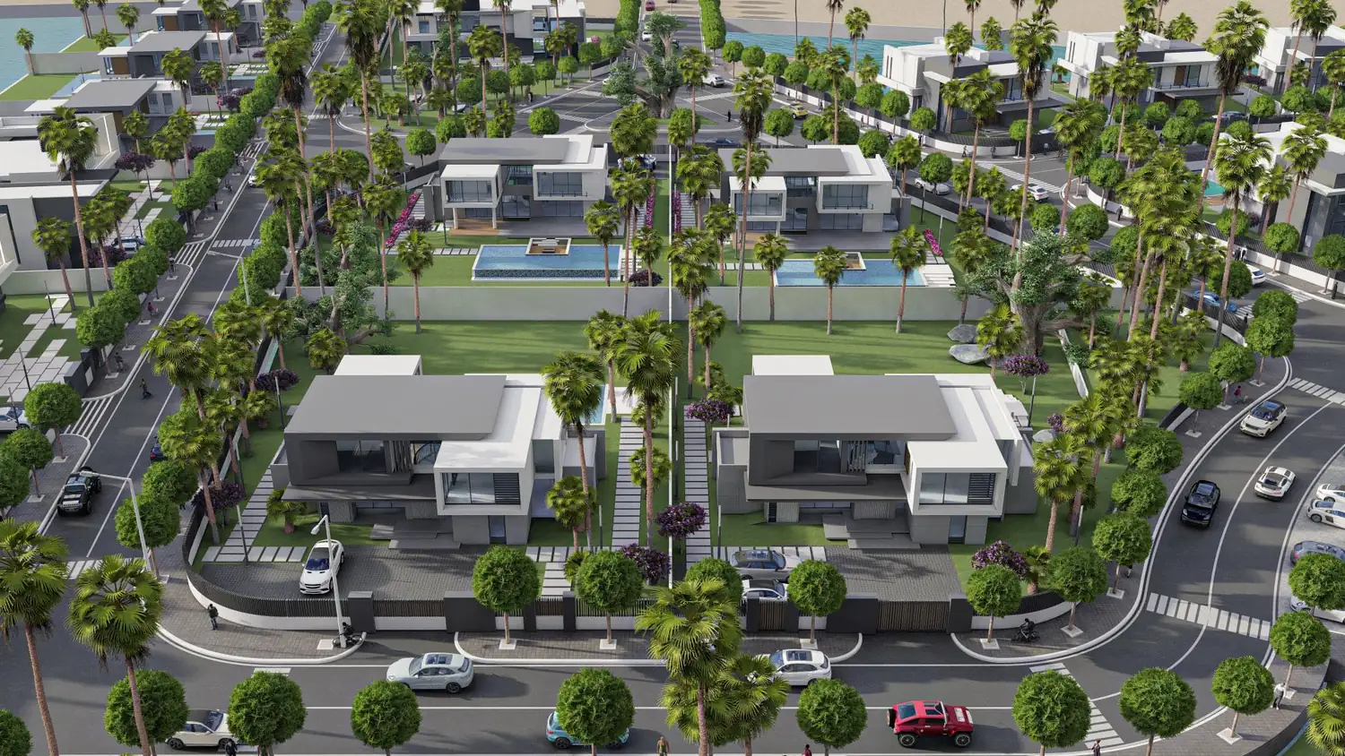 Vue aérienne du bassin circulaire de MOKA Marina, ses pontons et ses villas