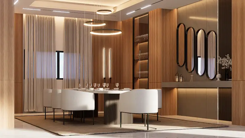 Salle à manger avec grande table et suspension