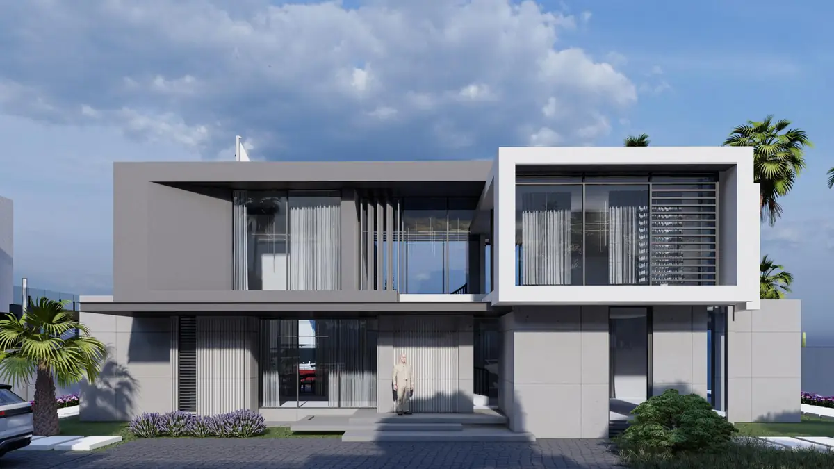 Villa de type A vue depuis la rue, façade contemporaine en béton clair et grandes baies vitrées