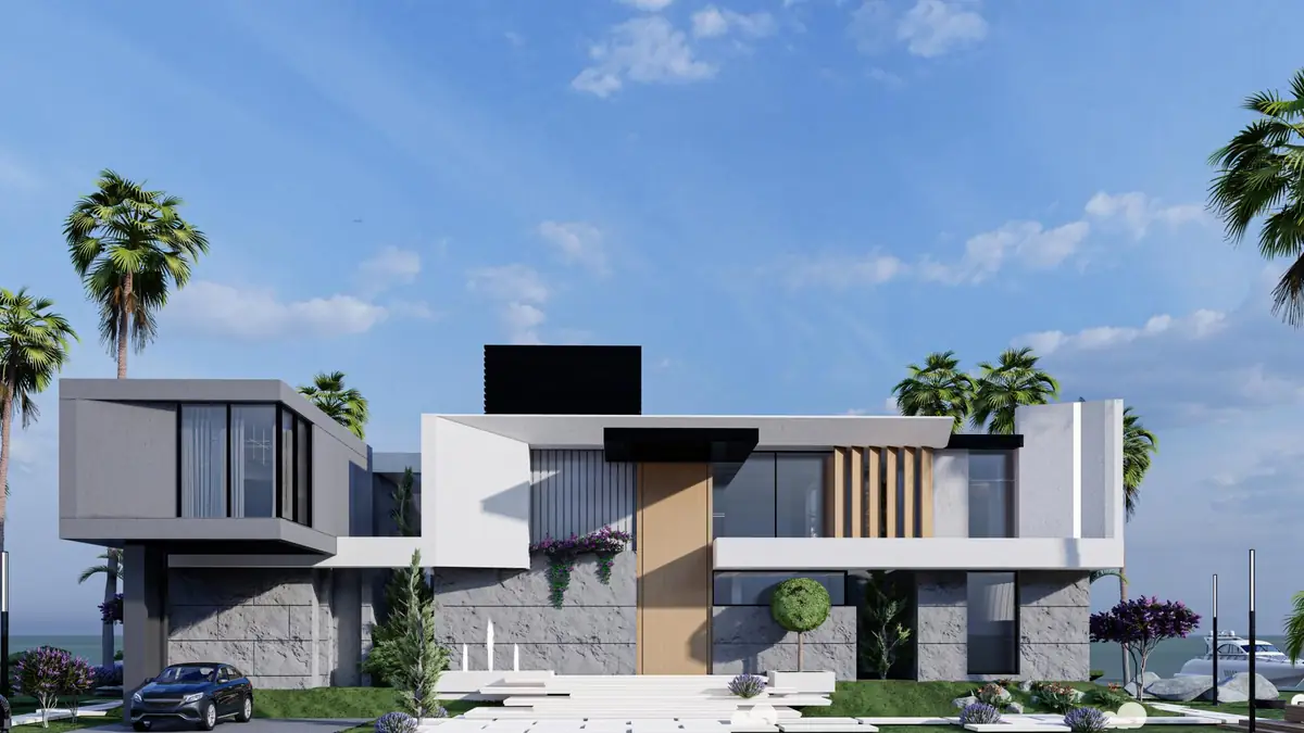Villa de type B, façade en pierre et bois avec porche d'entrée en chêne