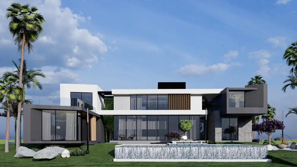 Façade arrière de la villa de type B avec sa piscine à débordement